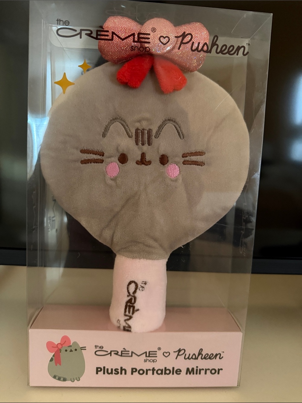 The Crème Shop Pusheen Plush Portable Mirror - Gray with Pink Bow